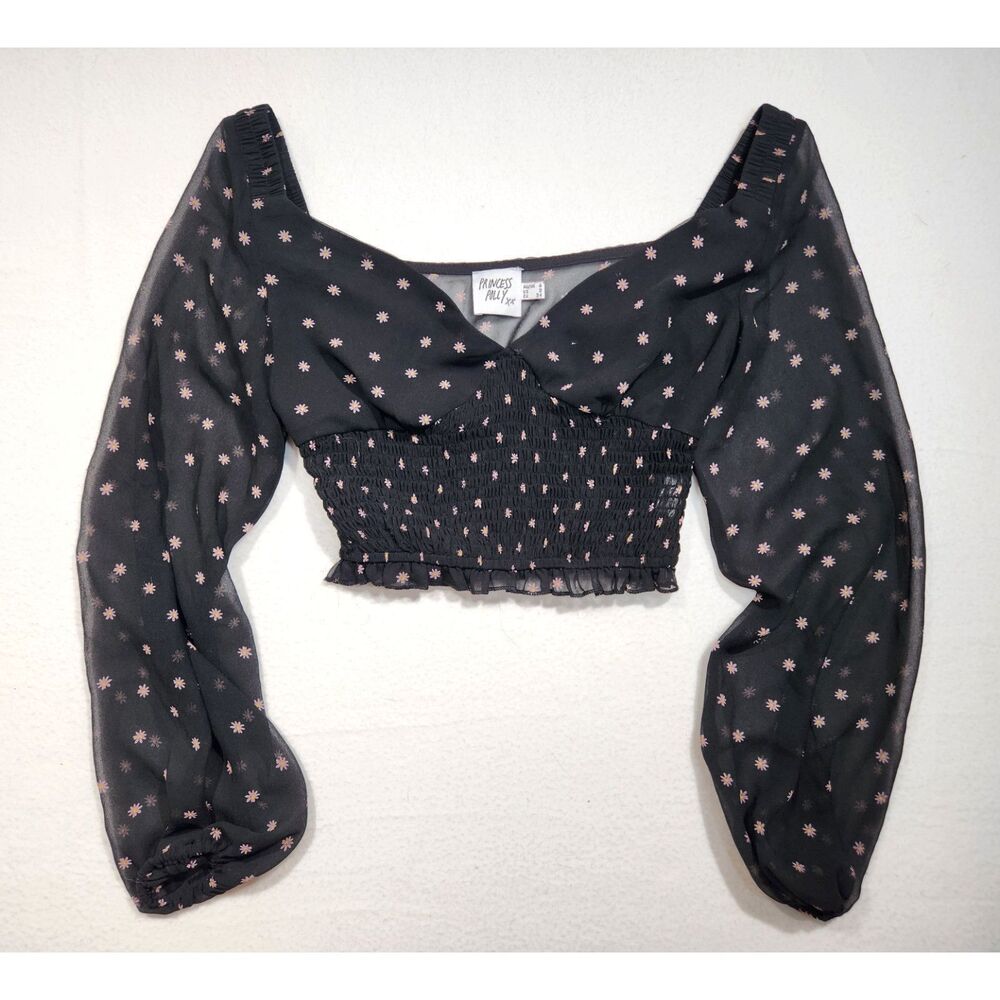 Princess Polly Womens Smocked Top XS Black Floral Puff Sleeve Cropped Milkmaid